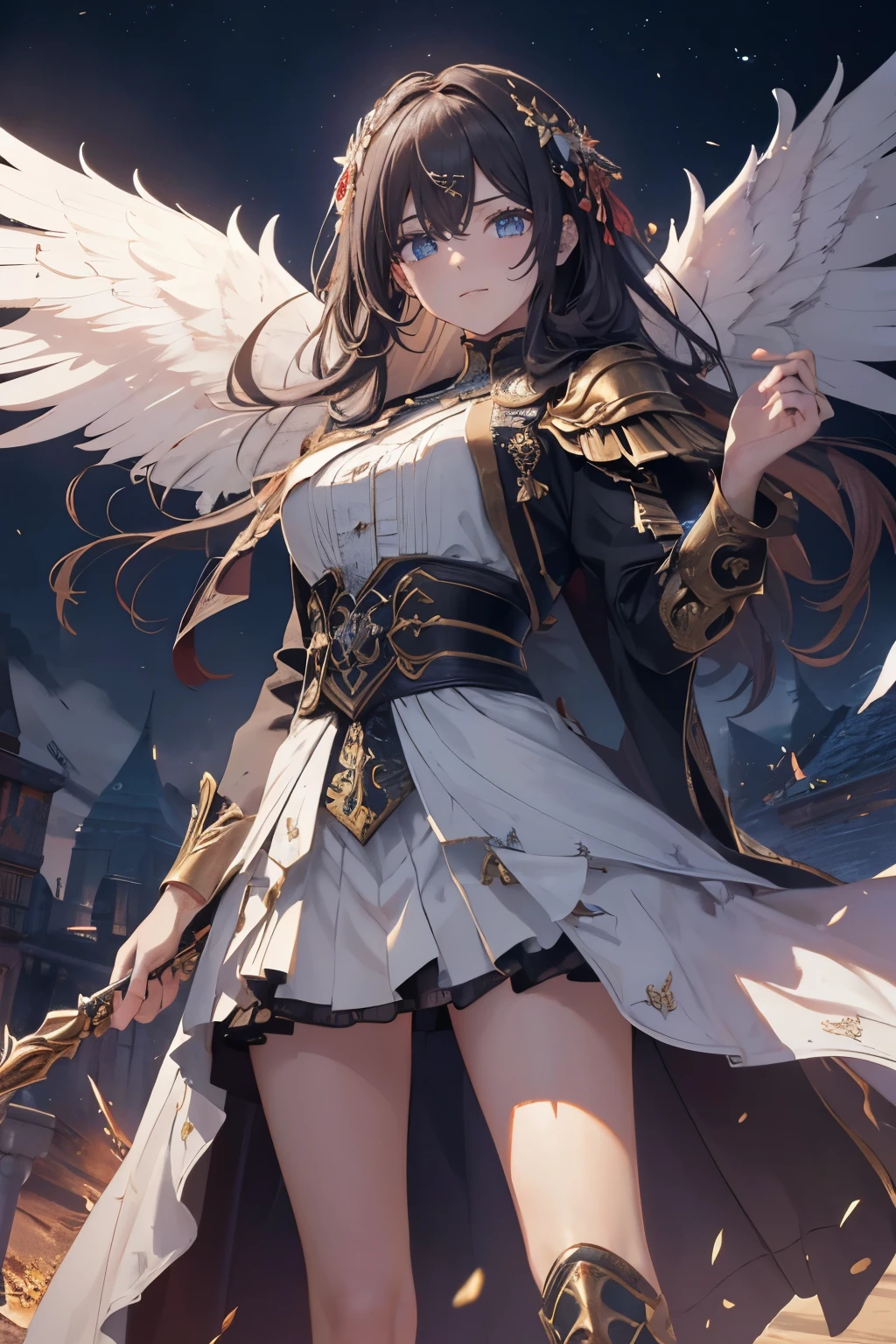 
Masterwork, peak quality, hyper-detailed, pristine (1.3)—This masterfully rendered depiction of a female angel captivates with a dynamic and detailed visage, embodying both cunning wit and a rebellious spirit. Her full-body portrayal is adorned in eclectic attire, each piece a trophy from spiritual victories, intricately woven with signature survivor art that narrates divine triumphs. She exudes sunkissed resilience and battle-scarred elegance, reflecting the celestial battles she has endured. Her piercing bright blue eyes, alive with mischief, stand out against a stark celestial desert, casting bold shadows that tell tales of her daring exploits. Her attire, especially the duster coat, is etched with tales of survival, reinforcing her narrative of divine endurance. Poised in a relaxed yet alert stance, a confident smirk plays upon her lips, a symbol of her unyielding optimism and fearless heart as she faces the heavenly challenges with grace and grit. This portrayal brings to life the essence of a celestial being who navigates the divine realm with a spirited and victorious heart.