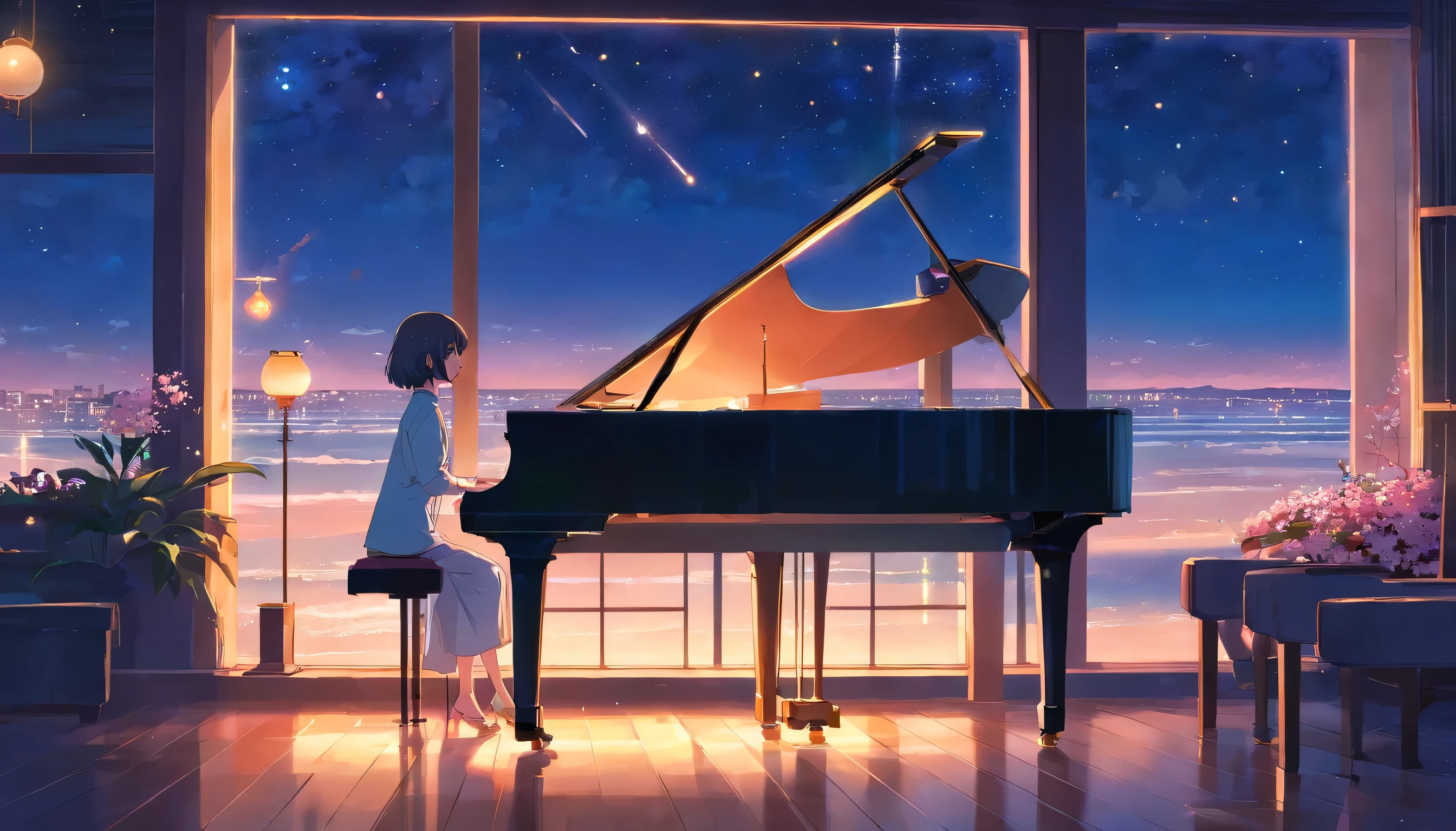 【best masterpiece】Piano Jazz Bar， dream,  analog color theme, Lo-fi hip hop , revue, flat, 2.5D ,Draw a line, Ink Painting, Watercolor, gouache color,  very colorful, Outerton, Krautlock, Lofi Art,old texture, amplitude,Psychedelic atmosphere, masterpiece, Technology of Wonders,Darken the room，A beautiful night seaside with a starry sky outside the window，Cherry Blossoms on the Piano，Back view of a beautiful woman with medium-long hair standing by a piano