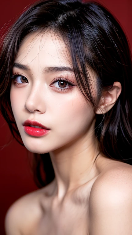 (8ก, Highest quality: 1.2), Extremely detailed, thorough resolution, (realistic, realistic photo: 1.37), Portrait, high definition RAW color photograph, professionally arrested, high definition and beautiful, high definition, 8ก Image wallpaper, Amazing details, Big file size, highly detailed beautiful girl, Extremely detailed face, Finely defined eyes, The skin has a fine texture., Every feature is meticulously displayed., The fingers were neatly outlined., The nose has a precise shape., expressive lips red lipstick , perfect anatomy, background is not blurred, one story, (20:1.2), Twenty generations, cute girl, realistic
