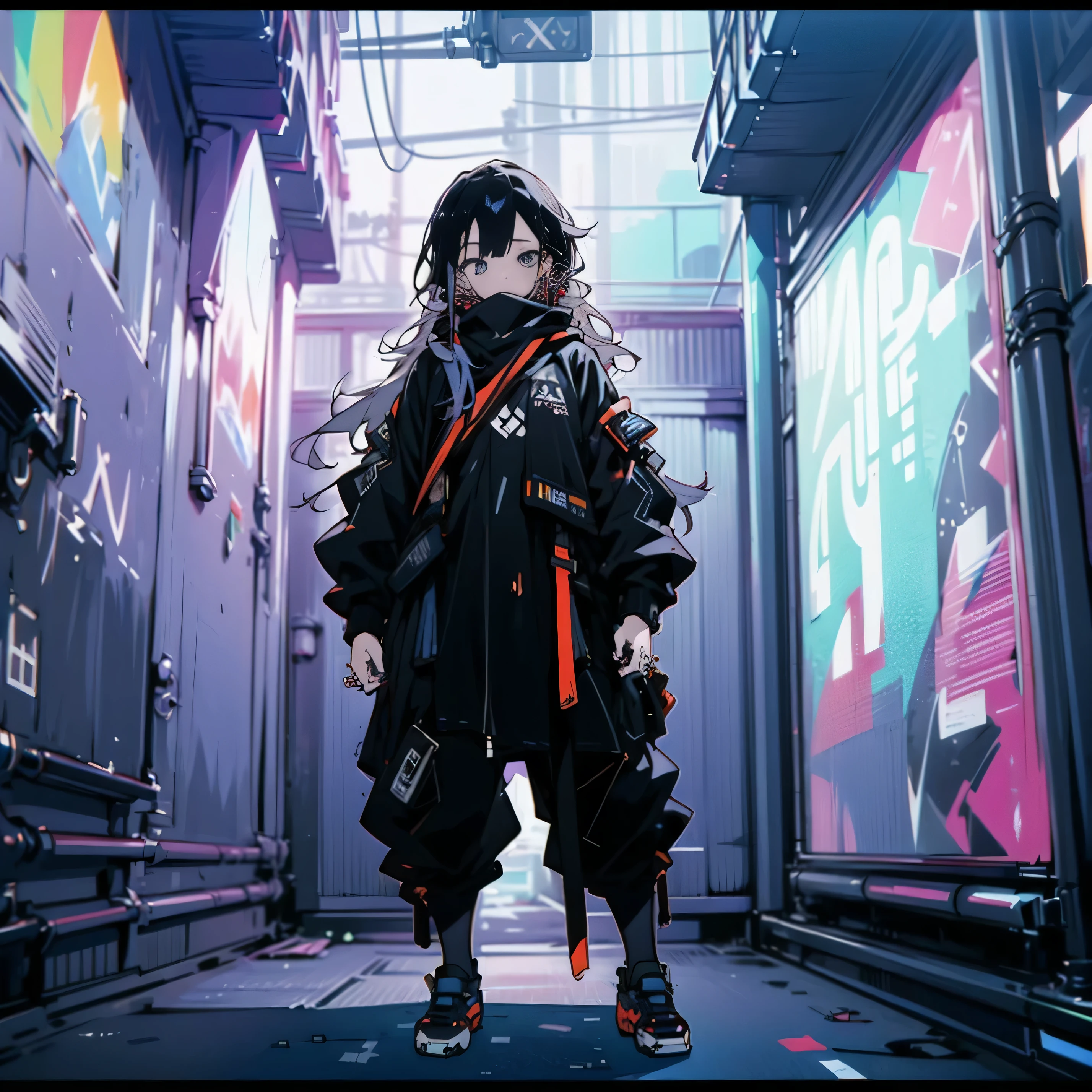 (goingthic,woman,cross piercings,ultra-detailed,full body view), standing in a urban alley, close angle view