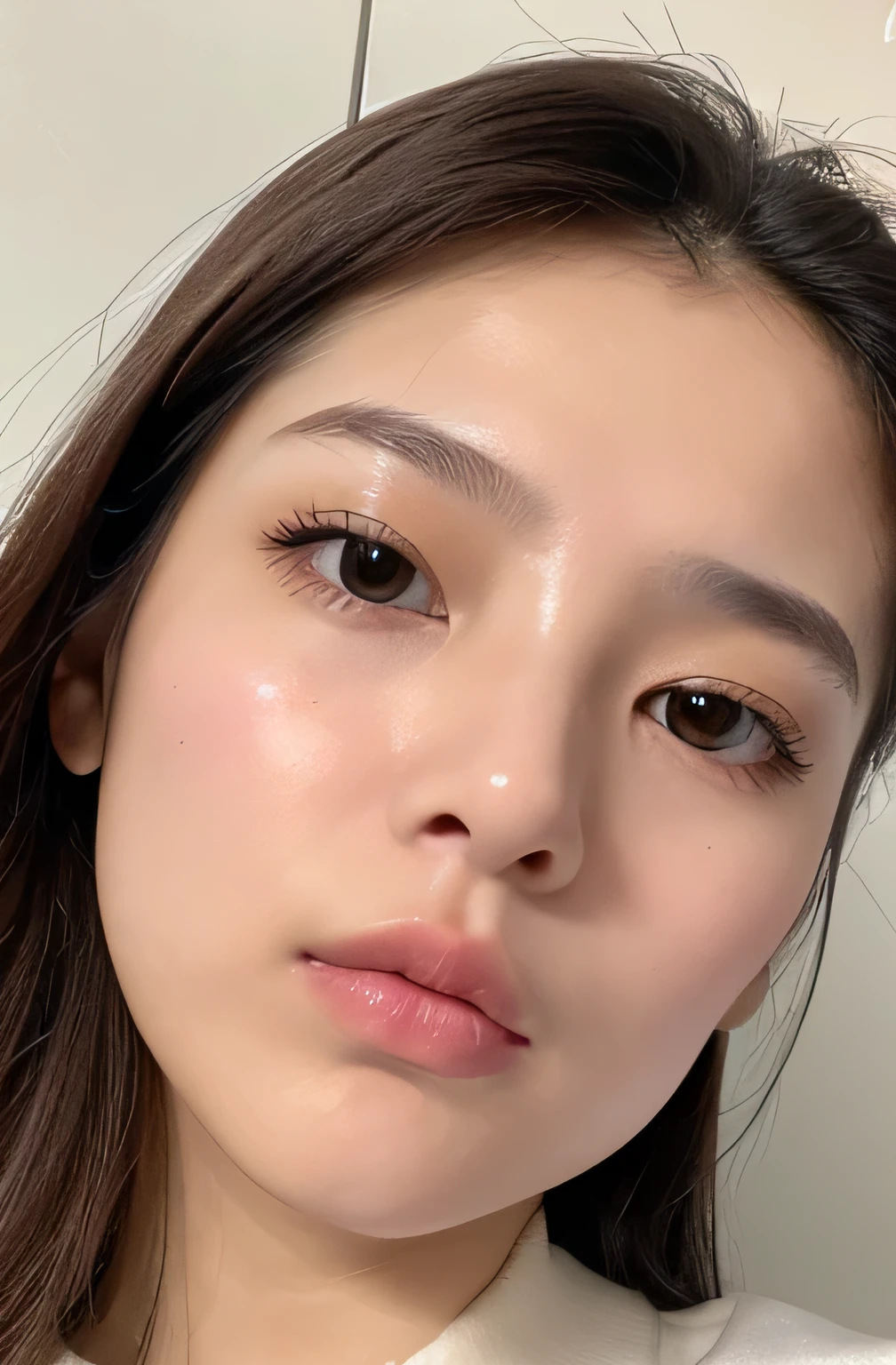 image of one woman、Face close-up、Smooth skin、masterpiece、highest quality、8k photo、(close ~ eye)Sad expression、Troubled expression、please open your mouth、(wrinkles at the corners of the eye:1.1),24 year old female、Please bring your face closer to the audience、Pretty wet and shiny lips、Kissing Face、