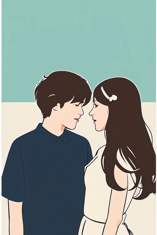 A pop illustration of a man and woman leaning against each other。There is a white line drawn between men and women.、The two are separated by a line