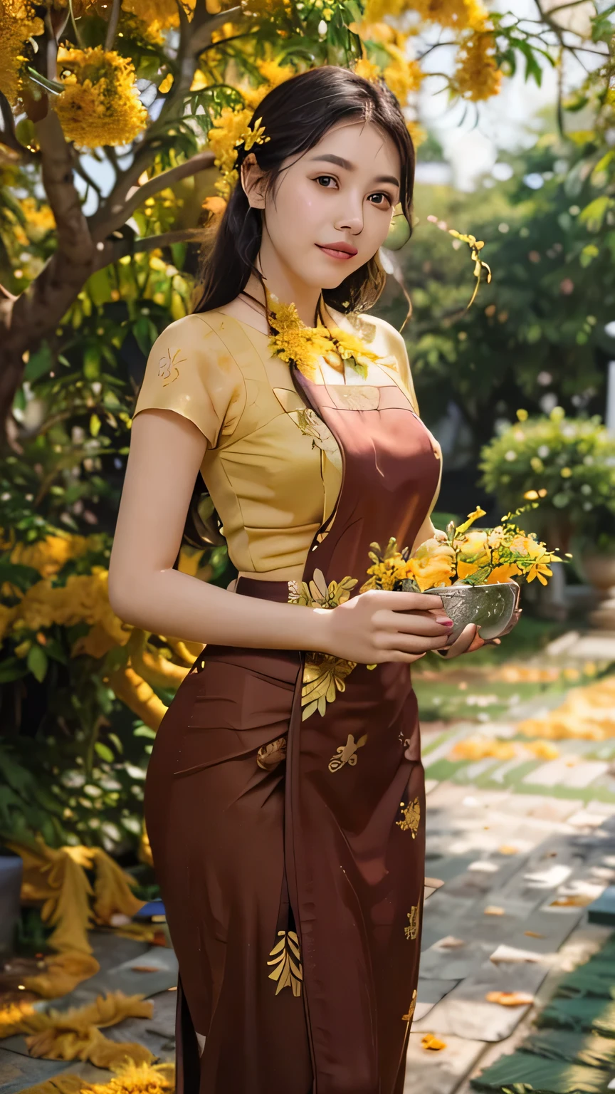 (best quality,4k,8k,highres,masterpiece:1.2),ultra-detailed,(realistic,photorealistic,photo-realistic:1.37),Burmese women,padauk flowers, holding pterocarpus macrocarpus, vibrant,ethereal,portraits,golden lighting,traditional dress,women intense gaze,natural beauty,exquisite traditional makeup,fine details,Burmese culture and tradition,subtle smiles,flowing movements,graceful poses,serene atmosphere,lush green garden,rich yellow ond gold color palette,ornate accessories,jewelry adorned with gems,delicate patterns,loose-flowing silk fabric,flower arrangements,padauk crowns and hair accessories,soft sunlight casting gentle shadows,dappled light filtering through leaves,natural elements blending harmoniously,celebration of femininity,timeless beauty portrayed in a modern context,meticulously handcrafted art piece,subtle texture and brush strokes,personal interpretation of Burmese beauty,attention to awe-inspiring artwork.1girl,detailed eyes, detailed lips, beautiful face, long eyelashes, red curly hair, flowing dress, serene smile, Abigail, standing under (((padauk flowers tree,pterocarpus macrocarpus tree,))) facing the sky, surrounded by a flock of butterflies, vibrant blue sky, fluffy clouds, seagulls flying gracefully, polka-dot pattern on the dress, sunny day with a gentle breeze, Abigail's cheeks with a natural blush, a bug crawling on a nearby tree branch, an idyllic outdoor scene.acthingyan soaked_wet_outfit, soaked wet outfit, outfit stick on skin, yellow acthingyan soaked wet top, short sleeves, BREAK, red acthingyan soaked wet long skirt, BREAK, wearing heels. 
 (((pterocarpus_macrocarpus flowers on head, holding a silver bowls, shiny metallic tinsel garland on neckac pterocarpus_macrocarpus_tree_blossom, pterocarpus macrocarpus flowers blossom, pterocarpus macrocarpus trees))), spring weather, standing under pterocarpus macrocarpus trees.
ac burmese_water_festival, bunch of people, happy, women poring water eac