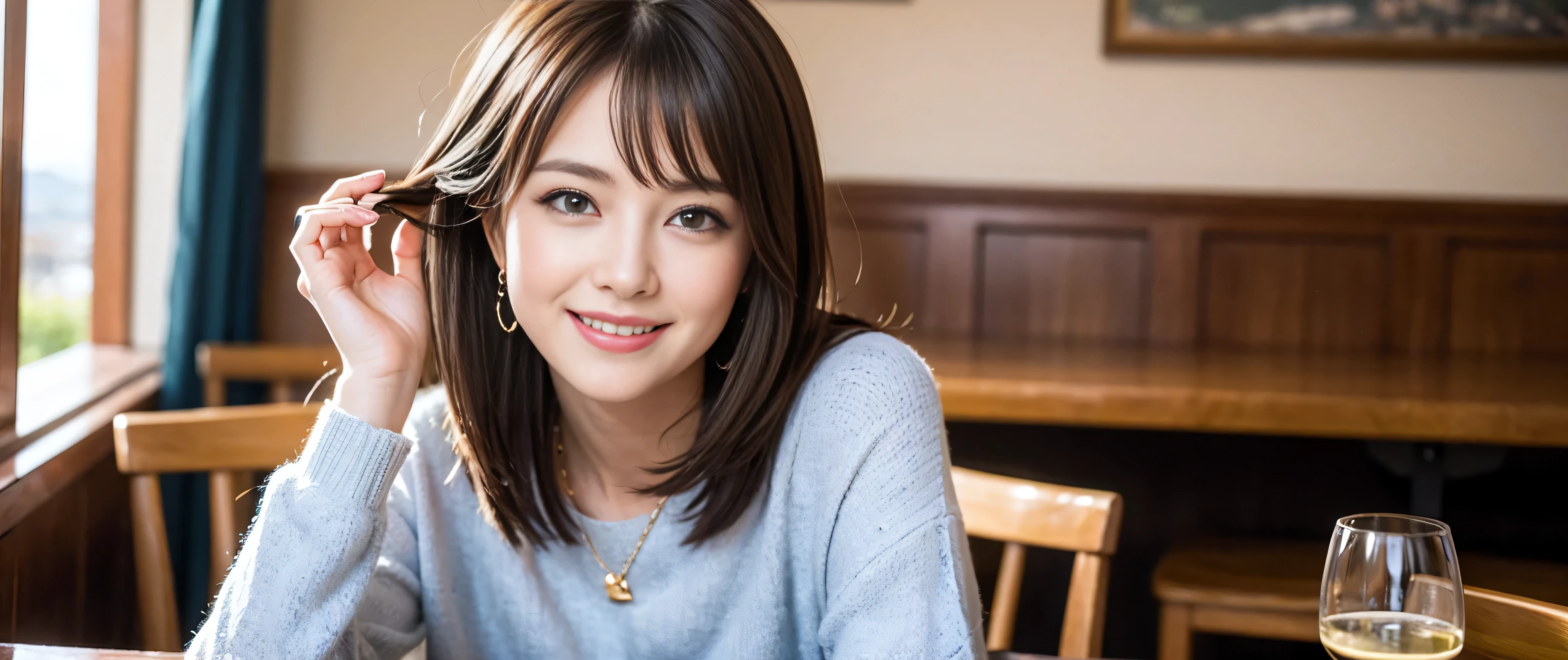 ((highest quality、8k、masterpiece:1.3))、Beautiful woman perfect body:1.4、Slim body、((Bob Hale、Straight hair:1.2))、 Ultra-high resolution, Bright image、2. The beauty of wine, Beautiful Face, blue eyes, Beautiful Eyes, The light shines on your face, Blushing your nose, short hair,Spectacular view of the sunset sky and clouds、Amazing mountain views、A bright smile、A lovely woman with a smile、bright face、Fox face、lady、Champagne、Wine bottle、wine glass、red wine 、Appetizer、Italian food、Two beauties、brown hair、Shortcuts、Long sleeve shirt、Winter Fashion、dress、Wine bottle、sparkling wine、Pretty Woman 1, (slim face), (brown hair), (Shortcuts), cheeks turn a little red, (42 years old), 39 years old, charming beauty、restaurant, Nova Frog Style, actress, model, Upper Body, White wine, slim, wine glass, wine glass placed in the middle, smile, (smile: 1.15), Beautiful Eyes, Strong light and shadow,Moist Body:1.5、Delicate eyes、brown hair、The hair is very shiny、