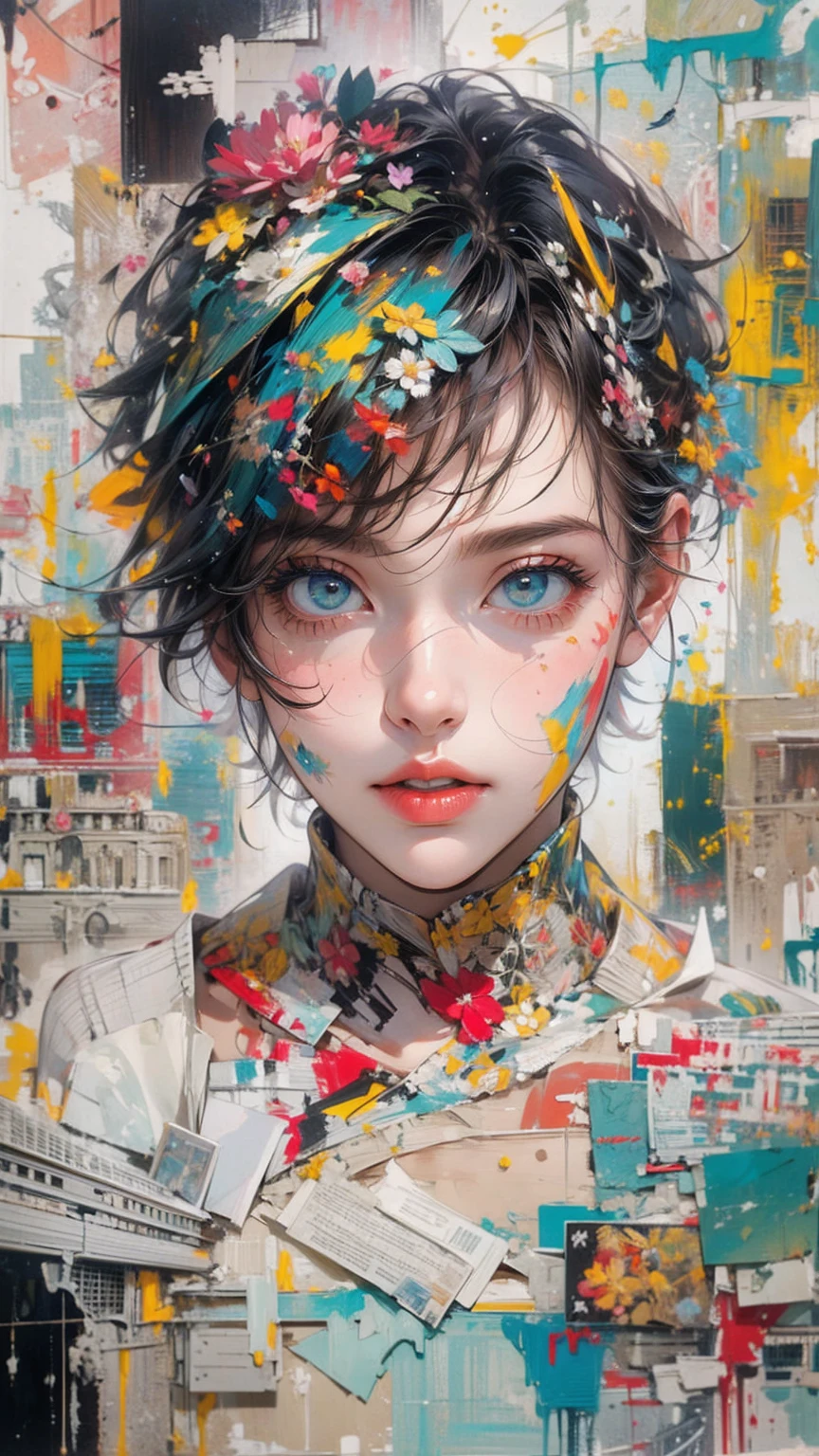 (masterpiece, High resolution, highest quality), Composition from head to thighs:1.3, Upper body focus, 20-year-old woman, Exposed Skin, Asymmetrical short hair, Disorganized, Paper and paint collage, abstract design, artistic juxtapositions, mixed-media approach, Digital Painting,