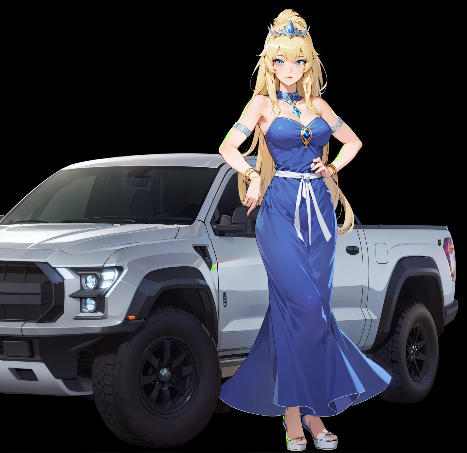a woman in a blue dress standing next to a silver truck, cel - shaded art style, clean cel shaded, highly detailed full body, princess 'kida' kidagakash, blonde anime girl with long hair, anime princess, !!full body portrait!!, commission for high res, rei hino as a princess, cel shaded!!! in photorealisitc real 3d realistic
