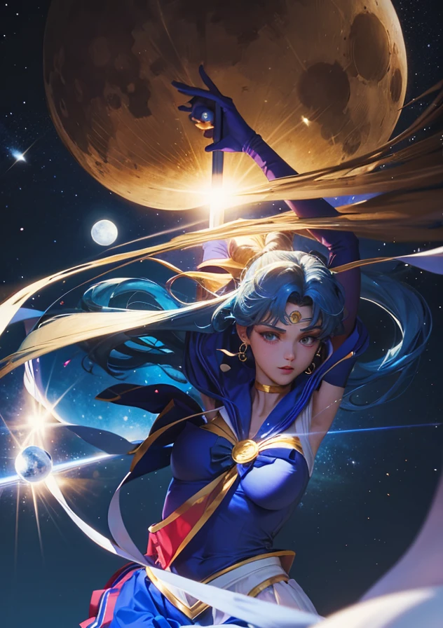 Sailor moon danced with a blue warrior man in space with a white moon.