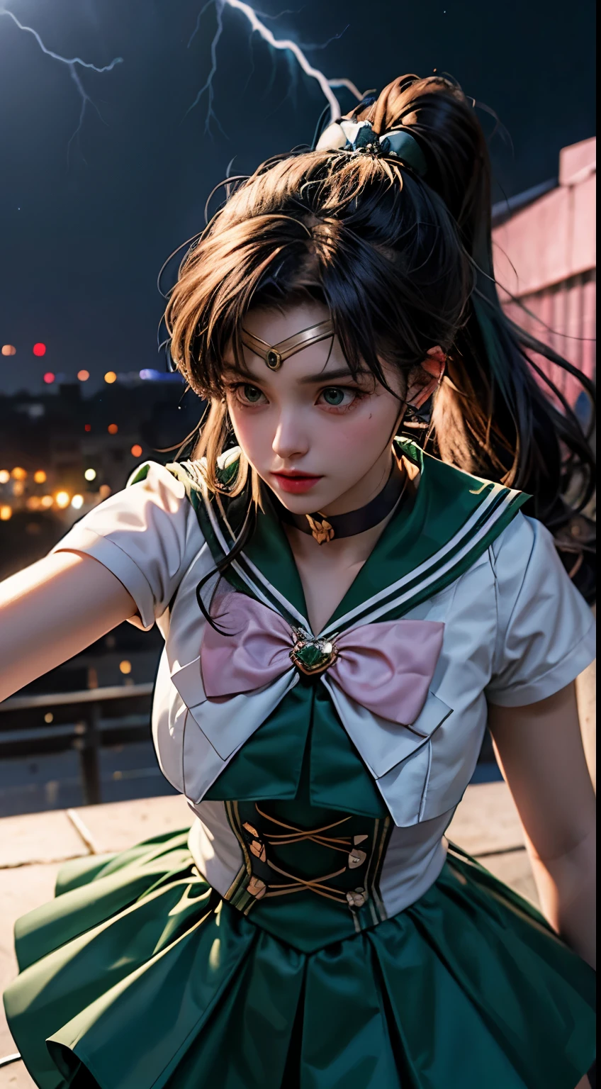 Jupiter, Green Eyes, ponytail, tiara, jewelry, Sailor Warrior Uniforms, green sailor collar, choker, Elbow hand pockets, White gloves, Pink ribbon, brooch, leotard, green skirt, night, city night sky, moon, lightning, Lots of lightning, heart brooch, , highest quality, masterpiece, High resolution, Intricate details, (( Realistic )), photograph, alone, Full Body,