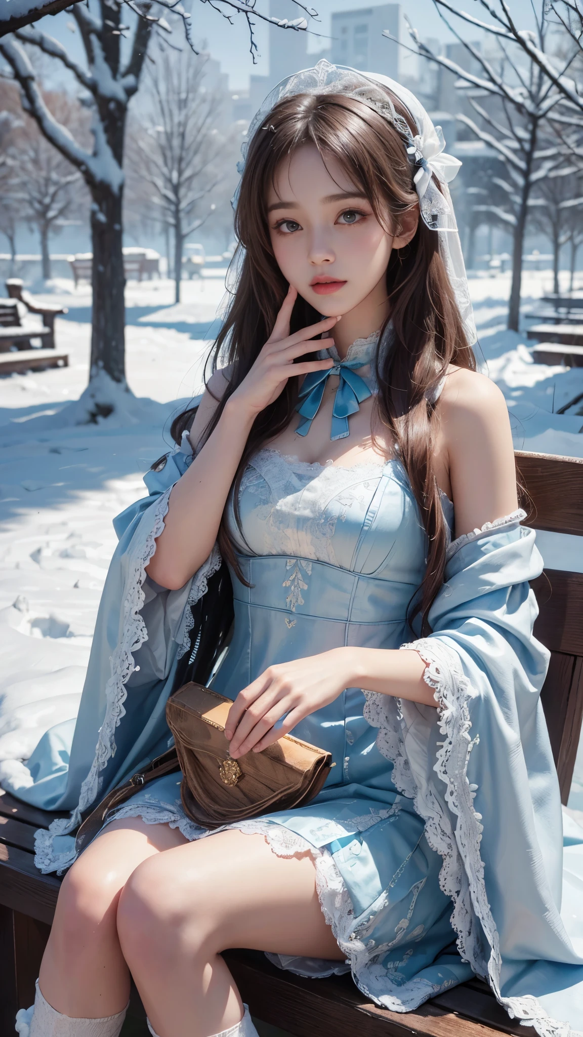 (8K,RAW photos, best qualtiy, tmasterpiece:1.2),(realisticlying, photograph realistic:1.4),Hide your face with sadness,
Lolita costume,Lace, Aerith Gainsborough, The upper part of the body,upper legs,Lace, undergarments,exposed bare shoulders, do lado de fora, (outside,Covered with snow,cloaks,) high high quality, Adobe Lightroom, highdetailskin, looking at viewert,