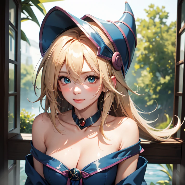 master piece,best quality,ultra detailed,8k,
ambient light,realistic skin,glossy skin,
(dark magician girl, duel monster, blush stickers, blonde hair, green eyes, long hair, breasts, blush, bangs, large breasts, hair between eyes, pentacle, pentagram, hat, dress, cleavage, bare shoulders, collarbone, choker, blue headwear, wizard hat, bracer, detached sleeves;)、
A realistic depiction of a person trapped inside a glass bottle, 、(lie face down:1.3)、(portrait)、(the body is very wet:1.5)、yukata、Glossy lips、Slightly emphasize the lower lip、A refreshing smile、emphasizing the cleavage、