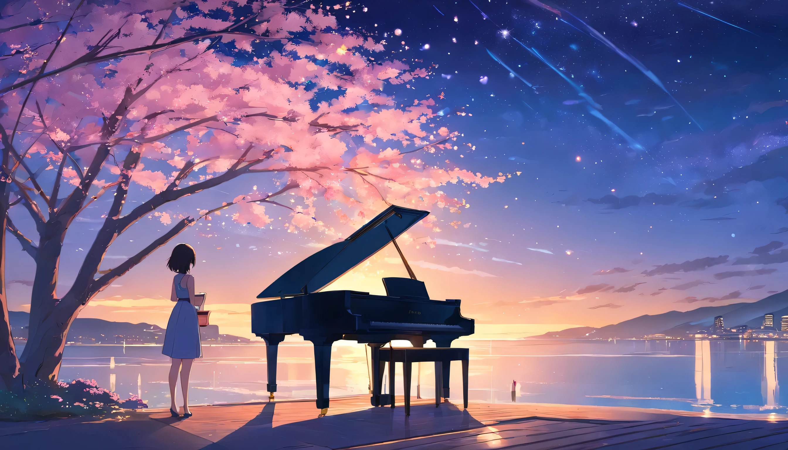 【best masterpiece】Piano Jazz Bar, dream, Cherry tree in full bloom,analog color theme, Lo-fi hip hop , magazine, flat, 2.5D ,Draw a line, Ink Painting, watercolor, gouache color, very colorful, Outerton, Krautlock, Lofi Art,old texture, amplitude,Psychedelic atmosphere, masterpiece, Technology of Wonders,Darken the room,A beautiful night seaside with a starry sky outside the window,Cherry Blossoms on the Piano,Back view of a beautiful woman with medium-long hair standing by a piano