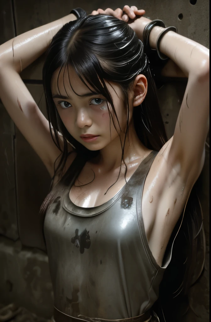  Dirty Dungeon, Steel Dress, Crying face, shy, (Wet and dirty extra long hair), Slave,  Detained, chained, Dirty white tank top, Cuffed　Boyish　Japanese