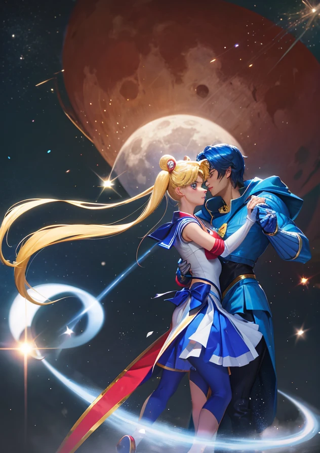 Sailor moon danced with a blue warrior man in space with a white moon.