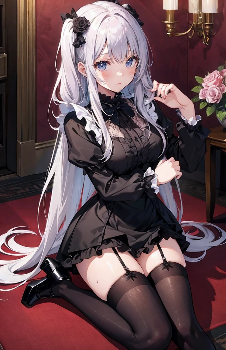 cry、sad、Good skin radiance、Dark Gothicメイク、dark smile、Expression of intense sexual pleasure、Embarrassed look、Dark Gothic、Obscene expression、highest quality、purple maid outfit、Mysterious、Noble、A face that is holding back the toilet、Super sexy、twin tail hair、jet black ruffle skirt、Super bewitching pose、platform heel shoes、Heavy makeup、make the world beautiful、gothic ta clothing、slim、Silver Hair、long hair straight hair、Cute Gothic Loliress、Beautiful Face、Knee-high socks、Stained glass background、Chest glistening with sweat、The room is dark、goth long dress、bell sleeve、Wizard Sleeve、decadent look、sexually excited look、Glossy thighs wet with water、Thighs that are wet and shiny with oil、Background of a room full of roses、sad表情、The embroidery is pink、The costume has pink embroidery、Stained glass and rose background、Wearing black underwear、black panties、dark castle、A large amount of sweat shines all over the body、slender body、