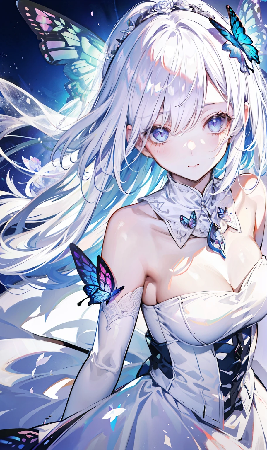 silber hair，butterflys，long whitr hair，8k wallpaper，Highest high resolution，deep v big breasts，Hair over eyes，Bandeau，Bandeau wedding dress，White rose，tight-fitting，stocklings，