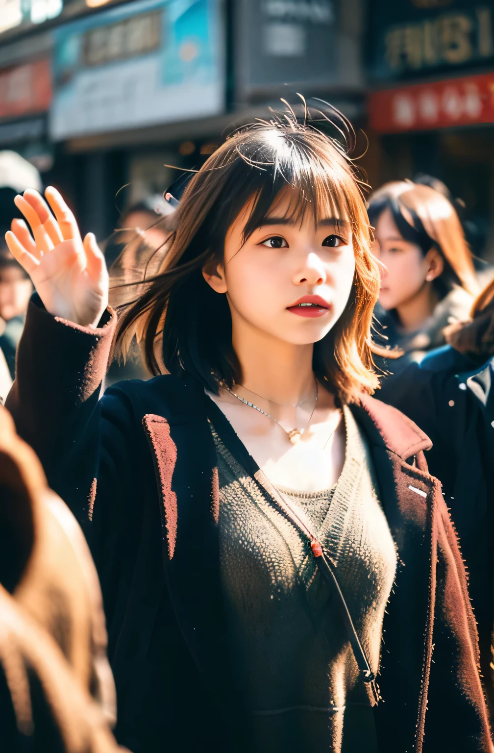 film particles, youth,1 Girl, Looking at the audience, whole body, jewelry, necklace, Practical, Brown hair, Bangs, black eyes, Taiwan Street View, Fashion, People in the background, Winter Clothes, dynamic poses, motion blur, warm sunlight:1.7, winter,