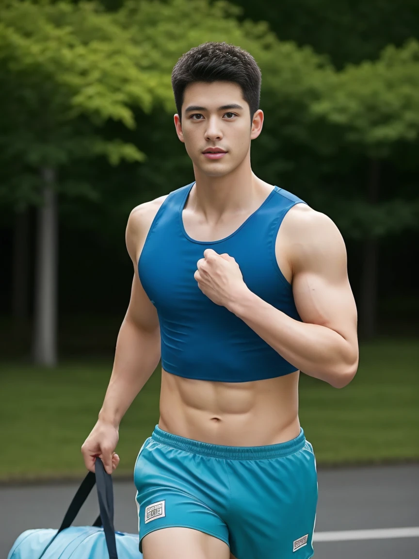 Firefighter in his 20s，Full chest muscles，Has short black hair， blue eyes，Sexy and charming expression，Wear green training clothes、Blue shorts, Big bag highlights，High resolution, masterpiece, Best quality, head:1.3,((Hasselblad photos)), Delicate skin, Be focused, (Movie Lighting), at night, Soft lighting, Dynamic angle, [:(Delicate face:1.2):0.2],(((exercise))), sports, Arm muscles are very big, Hands in crotch.