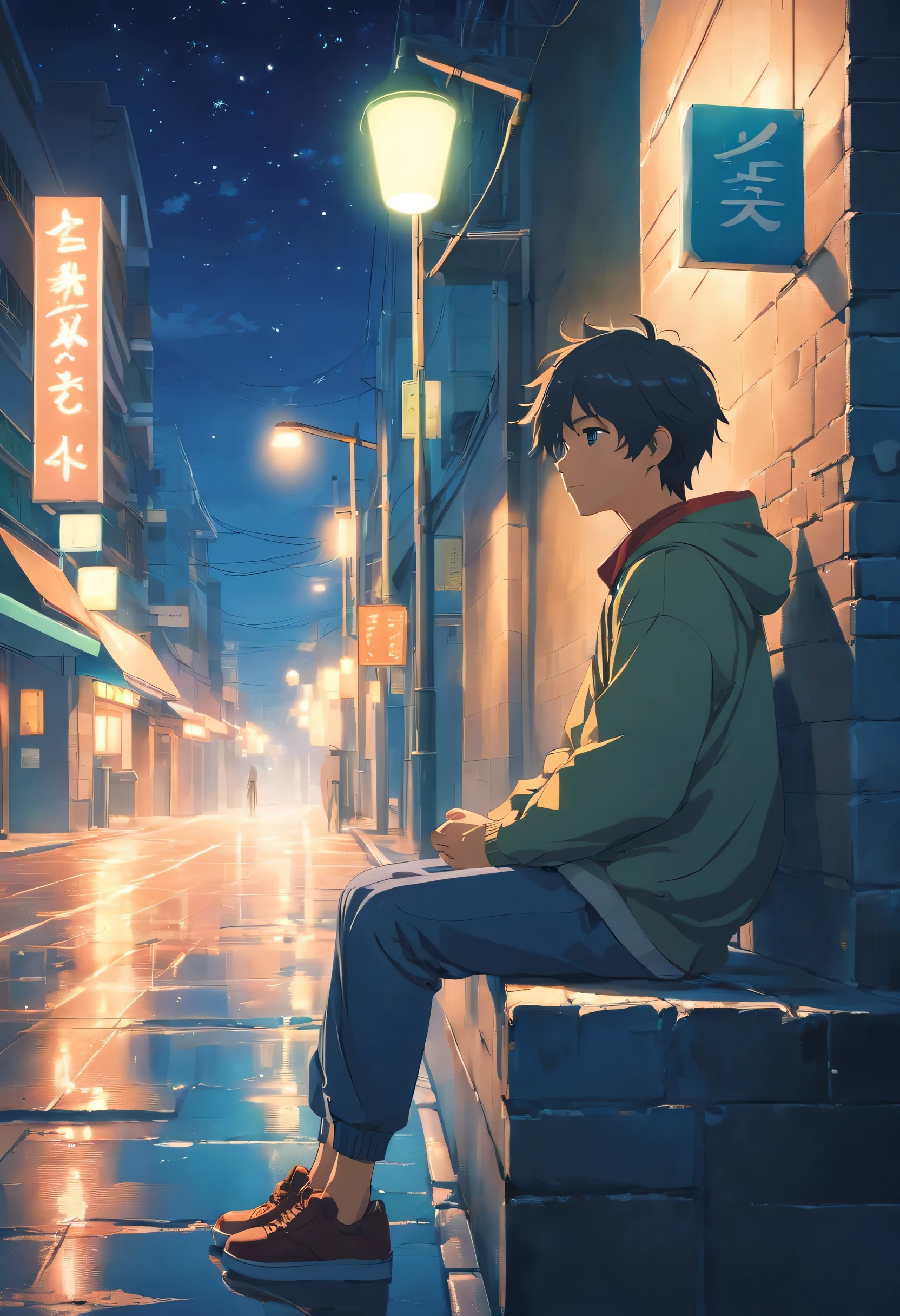 a boy sitting under a street light, closeup, night time,empty street,darkness,shadows,loneliness,late hour,moody,urban environment,glistening wet pavement,vibrant city lights,reflective surfaces,masked faces,urban decay,graffiti,abandoned buildings,urban isolation,serene silence,subtle fog,atmospheric,glowing street lamps,cool color tones,soft moonlight,glimmering stars,calm ambiance
