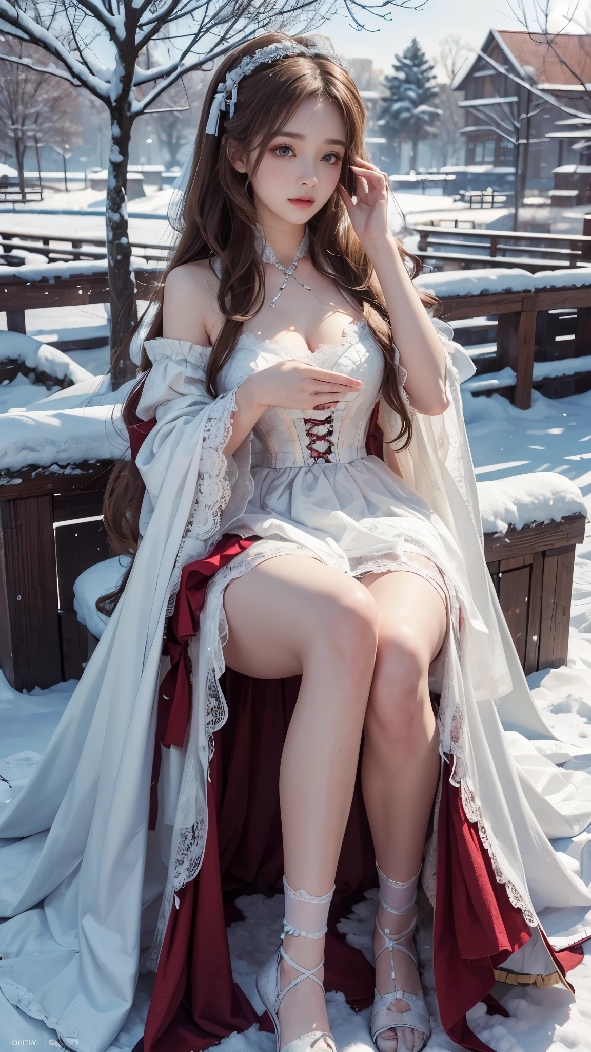 (8K,RAW photos, best qualtiy, tmasterpiece:1.2),(realisticlying, photograph realistic:1.4),Hide your face with sadness,
Lolita costume,Lace, Aerith Gainsborough, The upper part of the body,upper legs,Lace, undergarments,exposed bare shoulders, do lado de fora, (outside,Covered with snow,cloaks,) high high quality, Adobe Lightroom, highdetailskin, looking at viewert,
