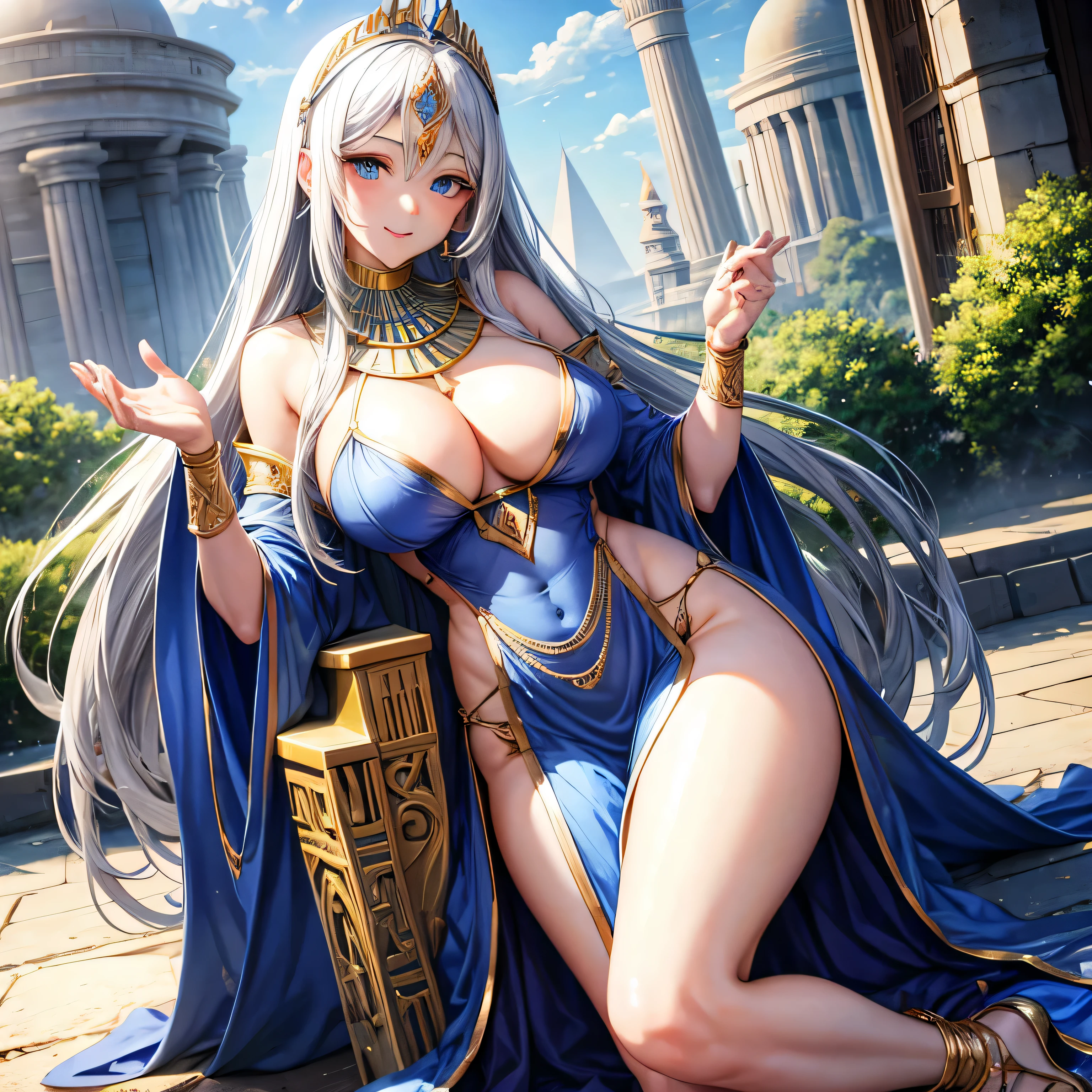 whitening　gray hair　long hair　blue eyes　smile　tiara　green egyptian costume　beauty　sexy　big breasts　mature　whole　Mysterious　attractive　seductive　i doubt it　pyramid　valley key　beautiful breasts　cover your mouth　fortune teller　holding tarot cards in hand　egyptian ankh　Inside the pyramid palace