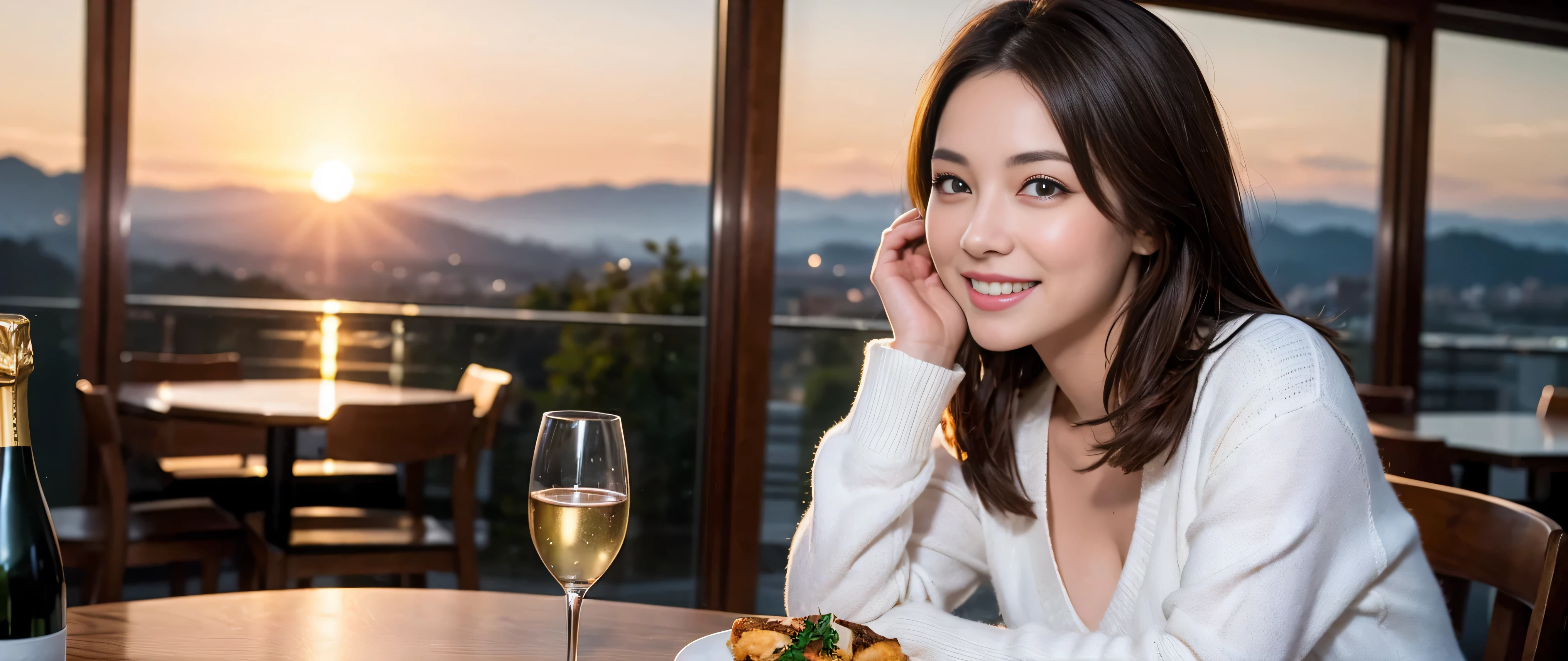 ((highest quality、8k、masterpiece:1.3))、Beautiful woman perfect body:1.4、Slim body、((Bob Hale、Straight hair:1.2))、 Ultra-high resolution, Bright image、2. The beauty of wine, Beautiful Face, blue eyes, Beautiful Eyes, The light shines on your face, Blushing your nose, short hair,Spectacular view of the sunset sky and clouds、Amazing mountain views、A bright smile、A lovely woman with a smile、bright face、Fox face、lady、Champagne、Wine bottle、wine glass、red wine 、Appetizer、Italian food、Two beauties、brown hair、Shortcuts、Long sleeve shirt、Winter Fashion、dress、Wine bottle、sparkling wine、Pretty Woman 1, (slim face), (brown hair), (Shortcuts), cheeks turn a little red, (42 years old), 39 years old, charming beauty、restaurant, Nova Frog Style, actress, model, Upper Body, White wine, slim, wine glass, wine glass placed in the middle, smile, (smile: 1.15), Beautiful Eyes, Strong light and shadow,Moist Body:1.5、Delicate eyes、brown hair、The hair is very shiny、