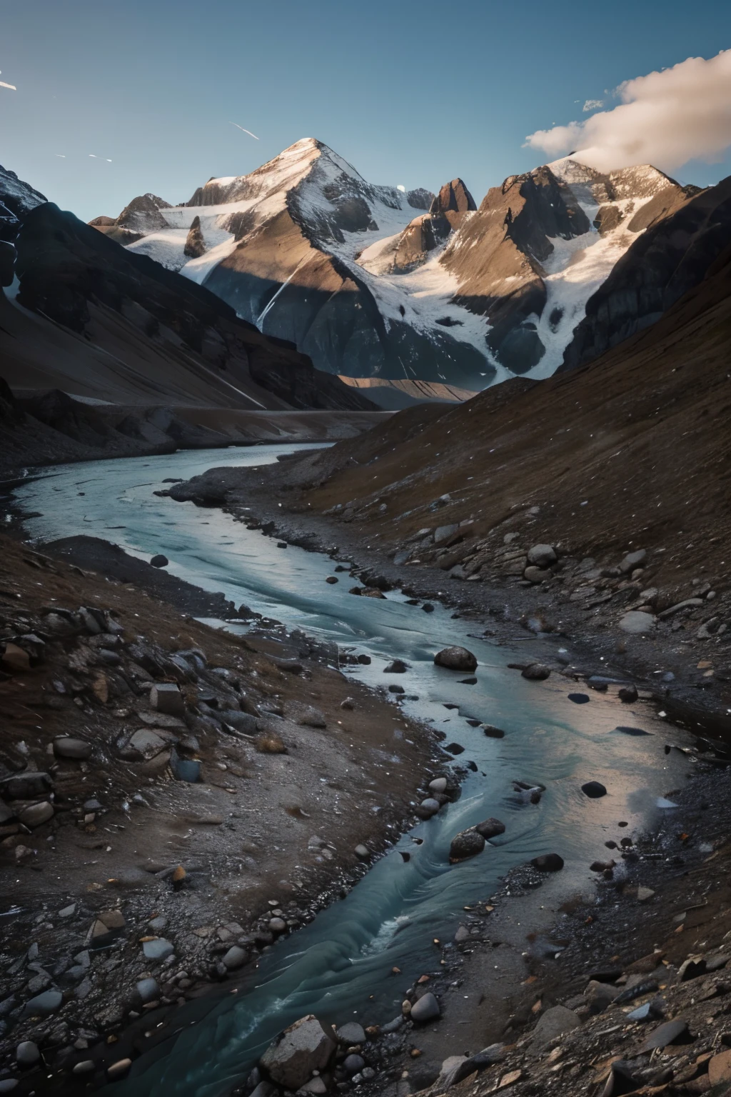 high mountains photographed from below with mighty scree cones and a large river system in landscape format