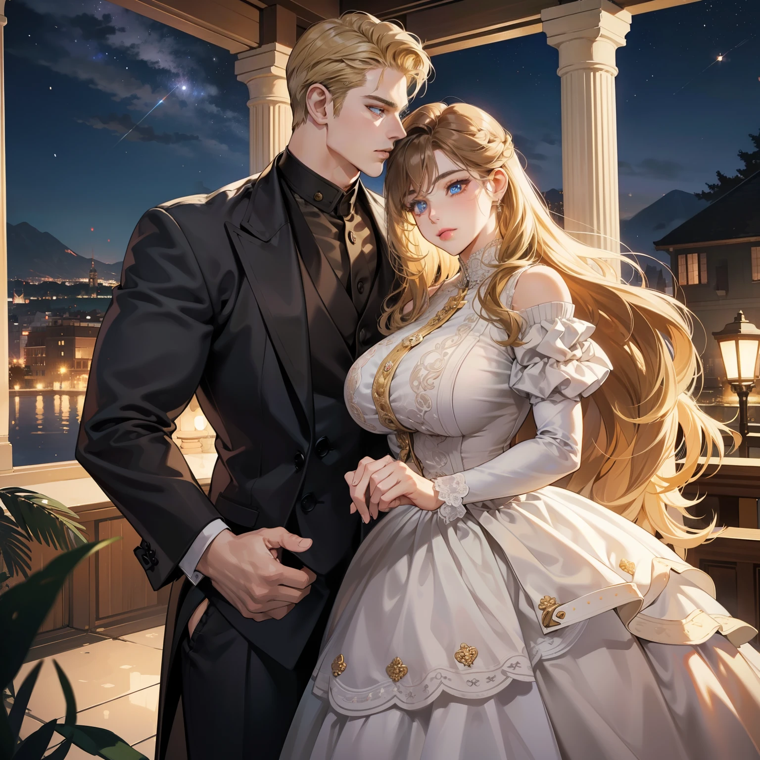 (Ultra-detailed, best quality, raw photo), Fat brown-haired woman and blonde idol man, lovers, night view, holding hands.
A scene of an intimate moment between a voluptuous brown-haired woman and a handsome blonde man. The brown-haired woman, with her full figure and flowing hair cascading down her back, wears an evening gown that accentuates her curves. Her face is detailed, with wrinkles around her eyes and mouth that tell the story of many life experiences. The blonde man, with chiseled features and piercing blue eyes, wears a tailored suit that highlights his muscular build. The night view behind them