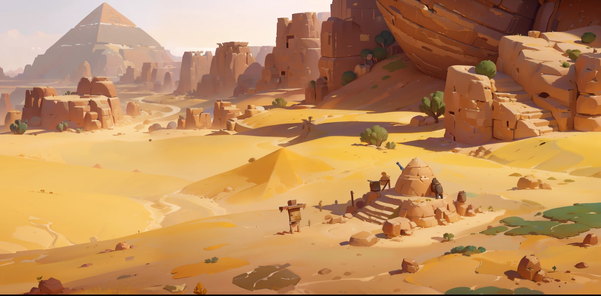 there is a picture of a desert with a pyramid in the background, stylized concept art, desert environment, sand and desert environment, arena background, dusty environment, desert wasteland, background art, painted as a game concept art, somewhere in sands of the desert, canyon background, desert oasis background, stylised textures, rocky desert, stylized painting, cinematic level shot