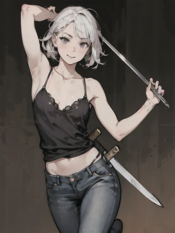 (High resolution), (Ultra delicate), (clear), Realistic，white hair girl.（Jeans and sword），face，Skin realism、High jumps、かわいい笑face、hilarious pose、Pink Panties、Gymnast pose
