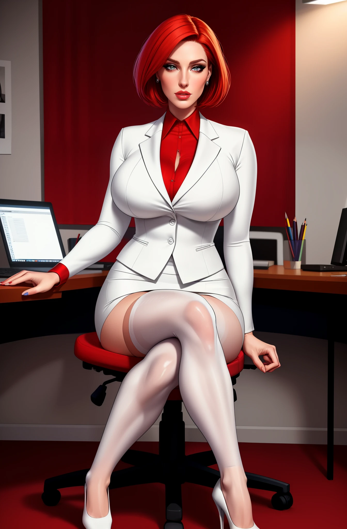 high quality,resolution:8k,realistic,Carolyn Dunn,red hair,bobcut,beautiful detailed eyes,beautiful detailed lips,white suit,pencil skirt,high heels,vivid colors,portraits,studio lighting, sitting, office chair, stockings