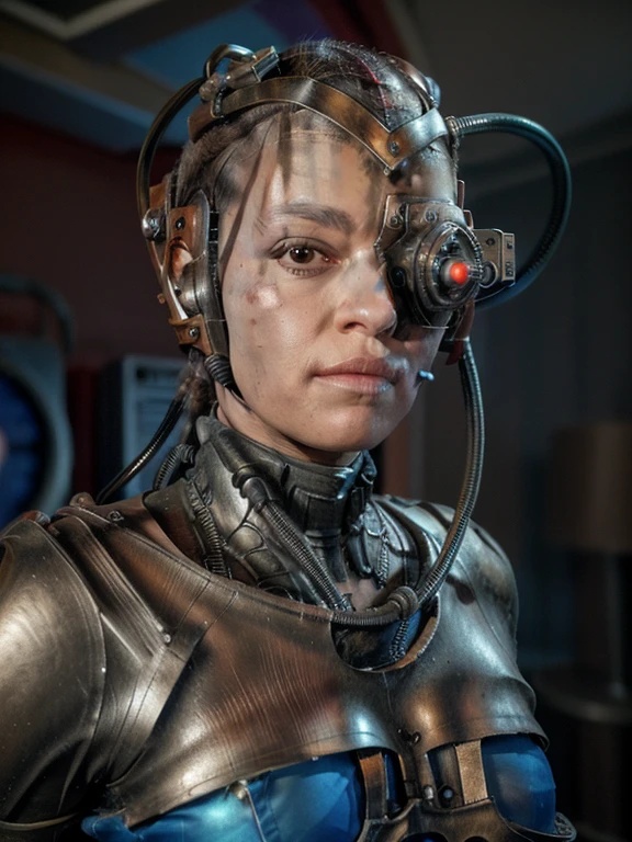 Black woman wearing blue sttldunf uniform,veins,borg,cable, metal armor, sharp focus, eyepatch,eyepatch,cable,luma,rosalina,detailed face,detailed eyes,detailed lips,metal texture,sci-fi,glowing lights jamesdaly artstyle,
