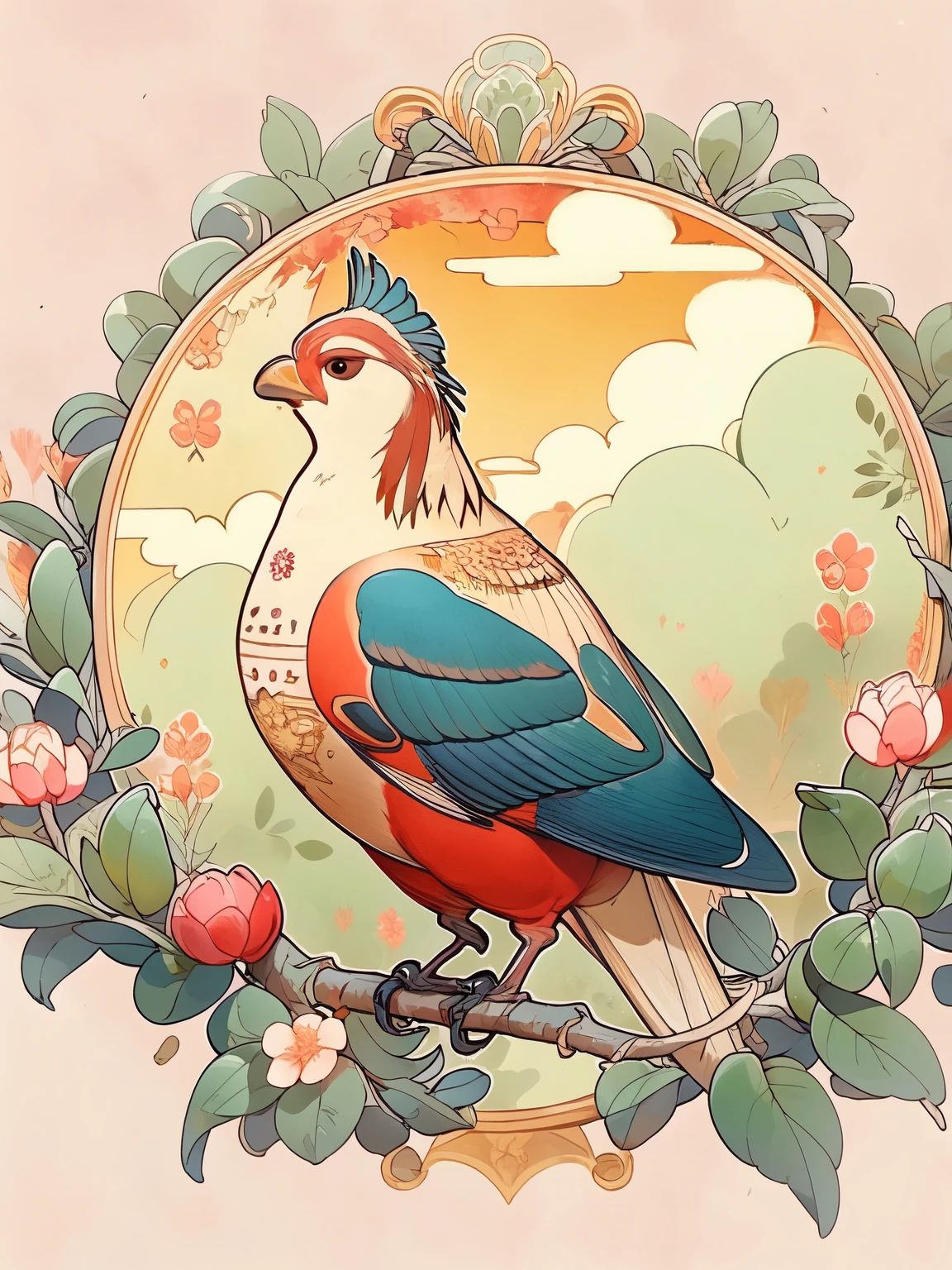 Golden Pheasant standing on a branch,with forest as background,High level of detail finishing,There are many trees around,Lush vegetation,Cute flat illustration style,Planarization,There is one flying in the air