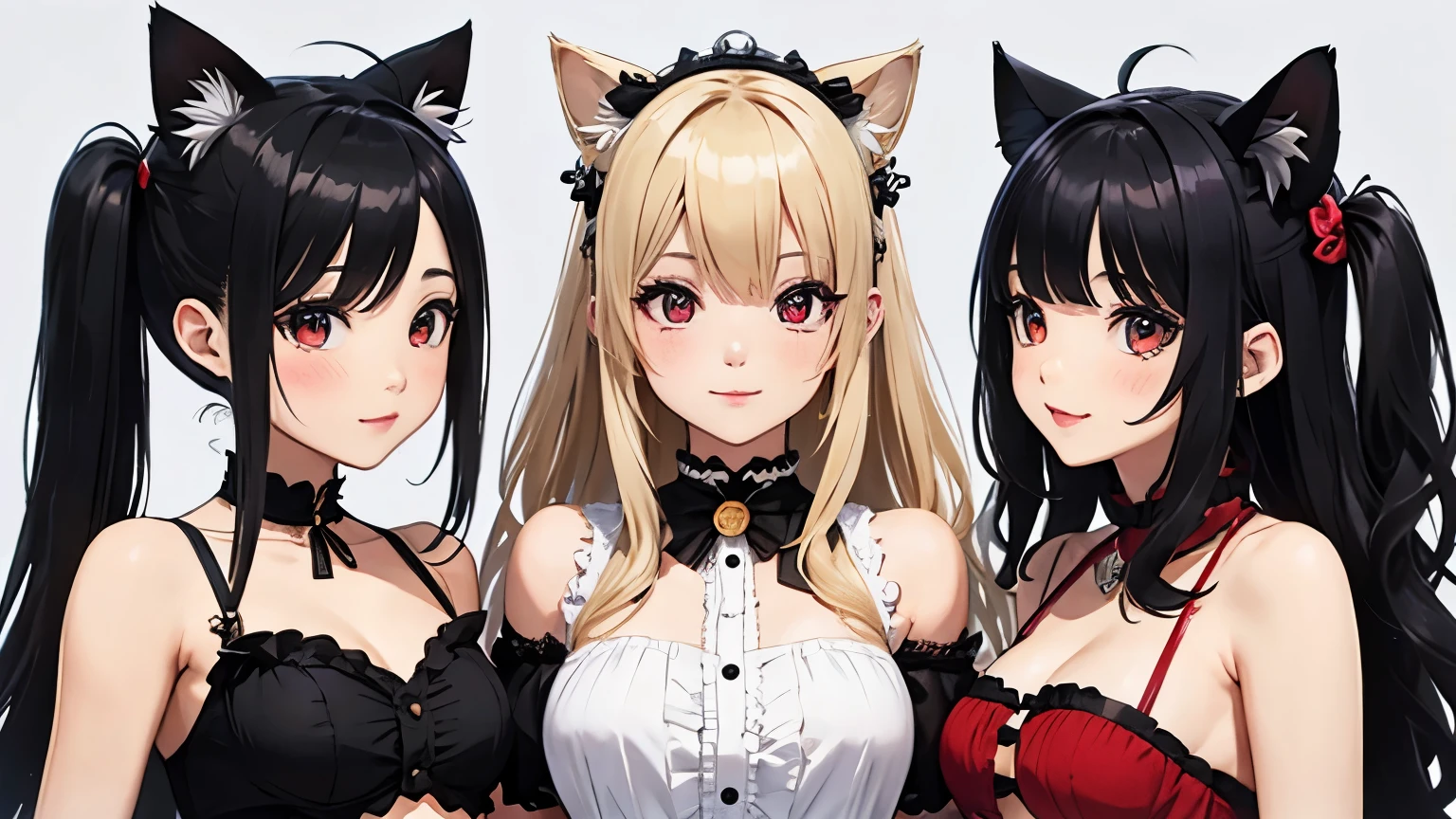 Bimbo Paradise、cinco chicas:1.8, debajo del pecho:1.8 ,(( 1 chica long hair slightly wavy slightly past the shoulders, black bangs, small black pigtails on the sides, cute cat ears, beautiful thin red eyes, surrounded by characters from classic 90&#39;s video games)),