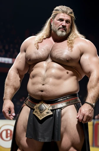 A blonde Germanic gladiator from imperial Rome , de pie, un anciano sudoroso con cabello rubio y gris , extremadamente musculoso y extremadamente gordo, over 70 years old, that weighs more than 600 pounds, with extremely large and very muscular sagging pectorals and very hairy with gynecomastia and very large., Puntiagudo, Dark nipples and relaxed muscles in the arena of a Roman circus wearing a leather skirt