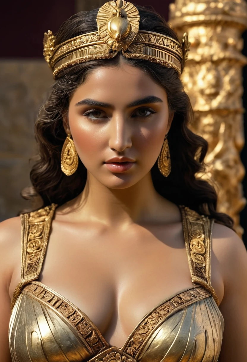 (best quality,4K,highly detailed foto full body shot),ancient Greek-style stone statue of a woman, topless;  (thick) ((chubby)), soft skin, voluminous, seductive face expression, seductive smile, mesmerizing eyes, intricate headdress, delicate features, delicate carving details, smooth texture, captivating pose, elegant posture, radiant beauty, majestic presence, mystical aura, adorned with jewels and gold, regal attire, flowing robes, elaborate patterns, intricate engravings, rich color palette, warm earth tones, golden accents, soft lighting, dramatic shadows, mesmerizing gaze, enchanting atmosphere displaied in a museum