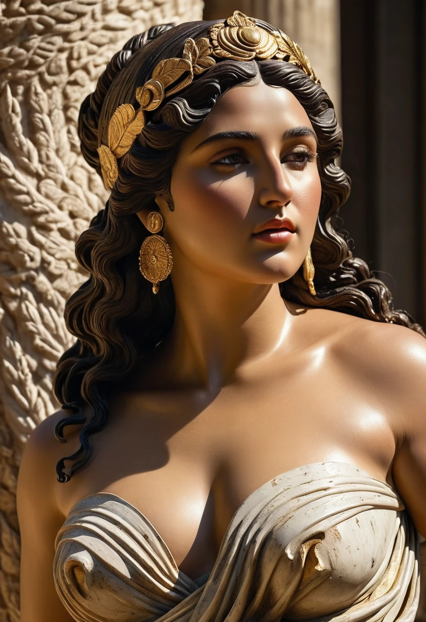 (best quality,4K,highly detailed foto full body shot),ancient Greek-style stone statue of a woman, topless;  (thick) ((chubby)), soft skin, voluminous, seductive face expression, seductive smile, mesmerizing eyes, intricate headdress, delicate features, delicate carving details, smooth texture, captivating pose, elegant posture, radiant beauty, majestic presence, mystical aura, adorned with jewels and gold, regal attire, flowing robes, elaborate patterns, intricate engravings, rich color palette, warm earth tones, golden accents, soft lighting, dramatic shadows, mesmerizing gaze, enchanting atmosphere displaied in a museum