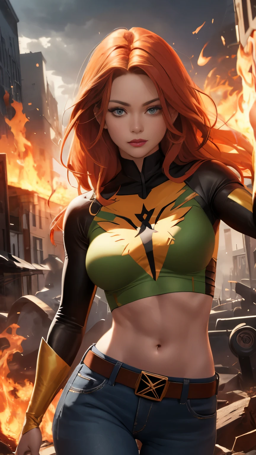 (Highly quality, masterpiece, detailed), burning city detailed scenario, burning city detailed background, jean-grey, belt, red leather crop top, Phoenix symbol on chest, navel, perfect face, beautiful eyes, looking at the viewer, Sexy pose