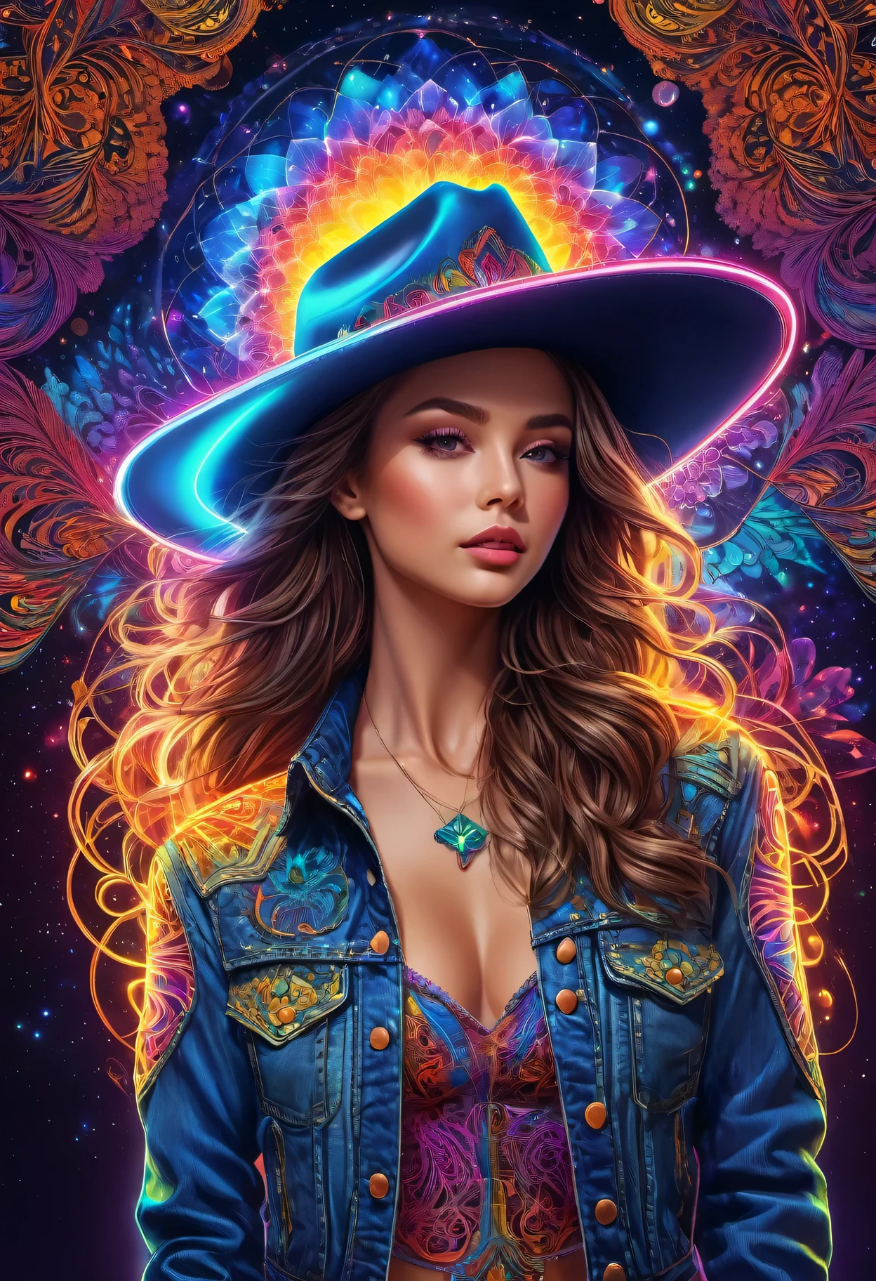 (masterpiece, top quality, best quality, official art, Beautiful and beautiful:1.2), (1 Girl:1.3), Extremely detailed,(Fractal Art:1.2),rich and colorful,The most detailed,( Zentangle neon light:1.2), (Dynamic poses), (Abstract neon background:1.5), (Cowboy hat), (Denim jacket), (Glowing skin), (Many colors:1.4), Space interstellar background
