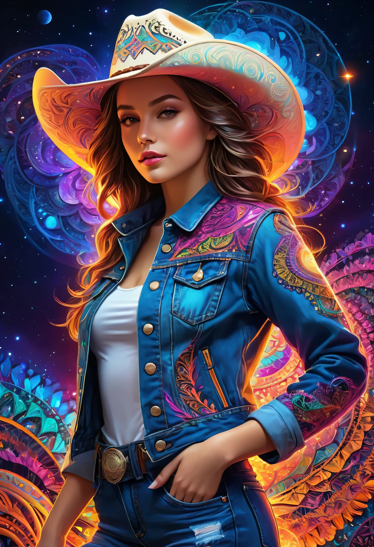 (masterpiece, top quality, best quality, official art, Beautiful and beautiful:1.2), (1 Girl:1.3), Extremely detailed,(fractal art:1.2),rich and colorful,The most detailed,( Zentangle neon light:1.2), (Dynamic poses), (Abstract neon background:1.5), (Cowboy hat), (Denim jacket), (Glowing skin), (Many colors:1.4), Space interstellar background