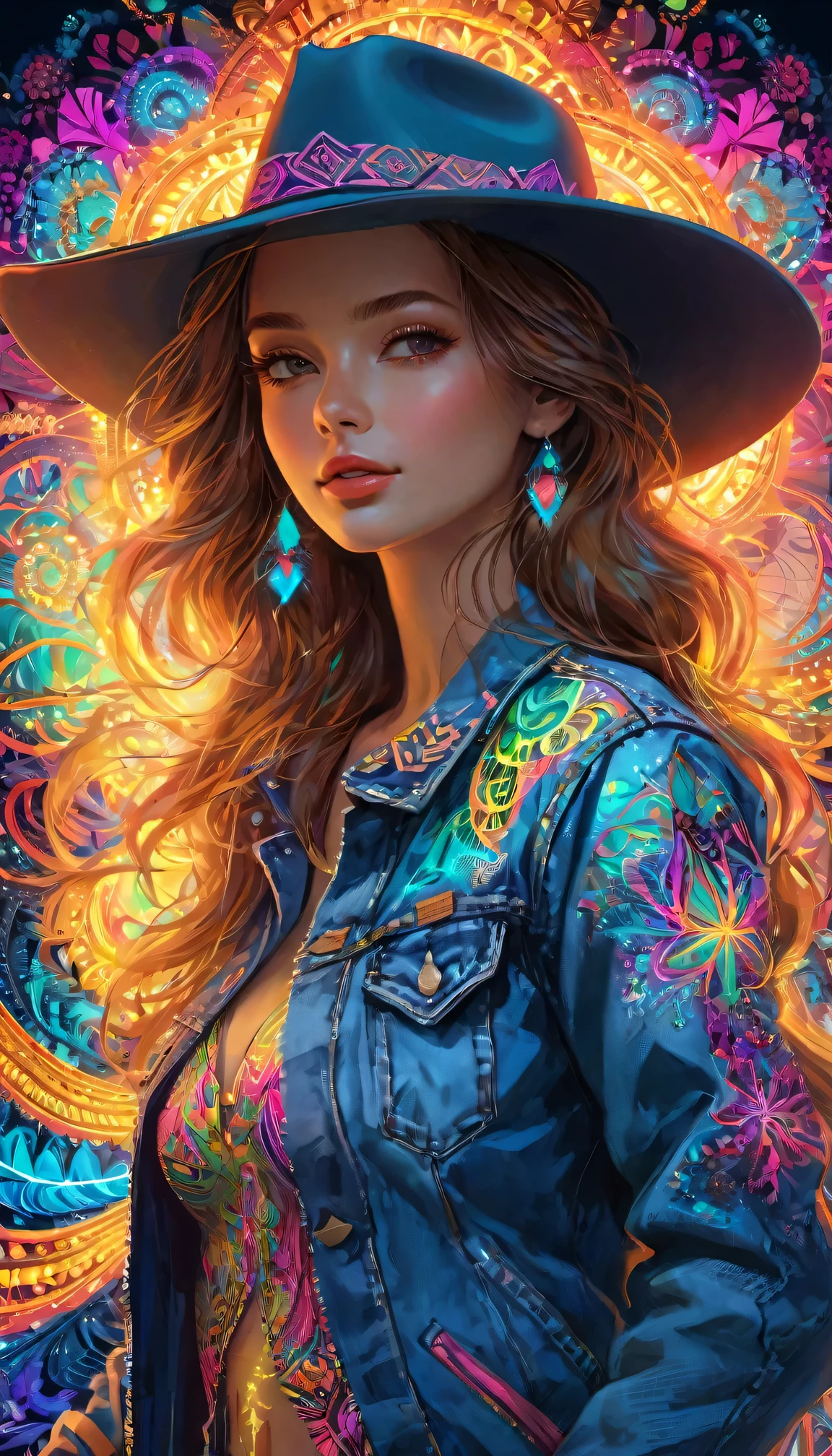 (masterpiece, top quality, best quality, official art, Beautiful and beautiful:1.2), (1 Girl:1.3), Extremely detailed,(Fractal Art:1.2),rich and colorful,The most detailed,( Zentangle neon light:1.2), (Dynamic poses), (Abstract neon background:1.5), (Cowboy hat), (Denim jacket), (Glowing skin), (Many colors:1.4), Space interstellar background