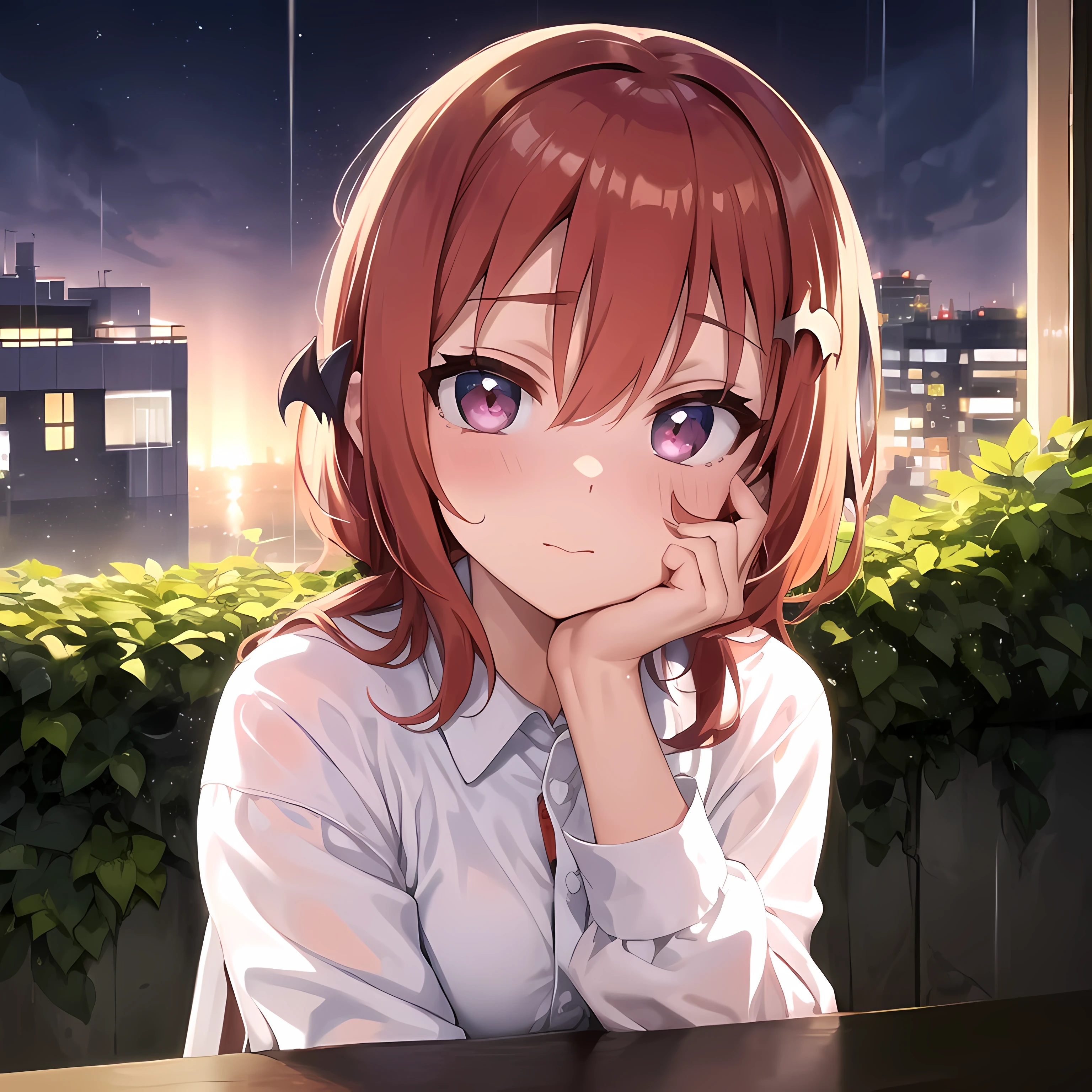 Satanichia mcdowell vestida casualmente se ve su imagen reflejada en una ventana mientras llueve en una noche tranquila
y al lado con una luz q la hace brillar Violeta ligeramente a su cara