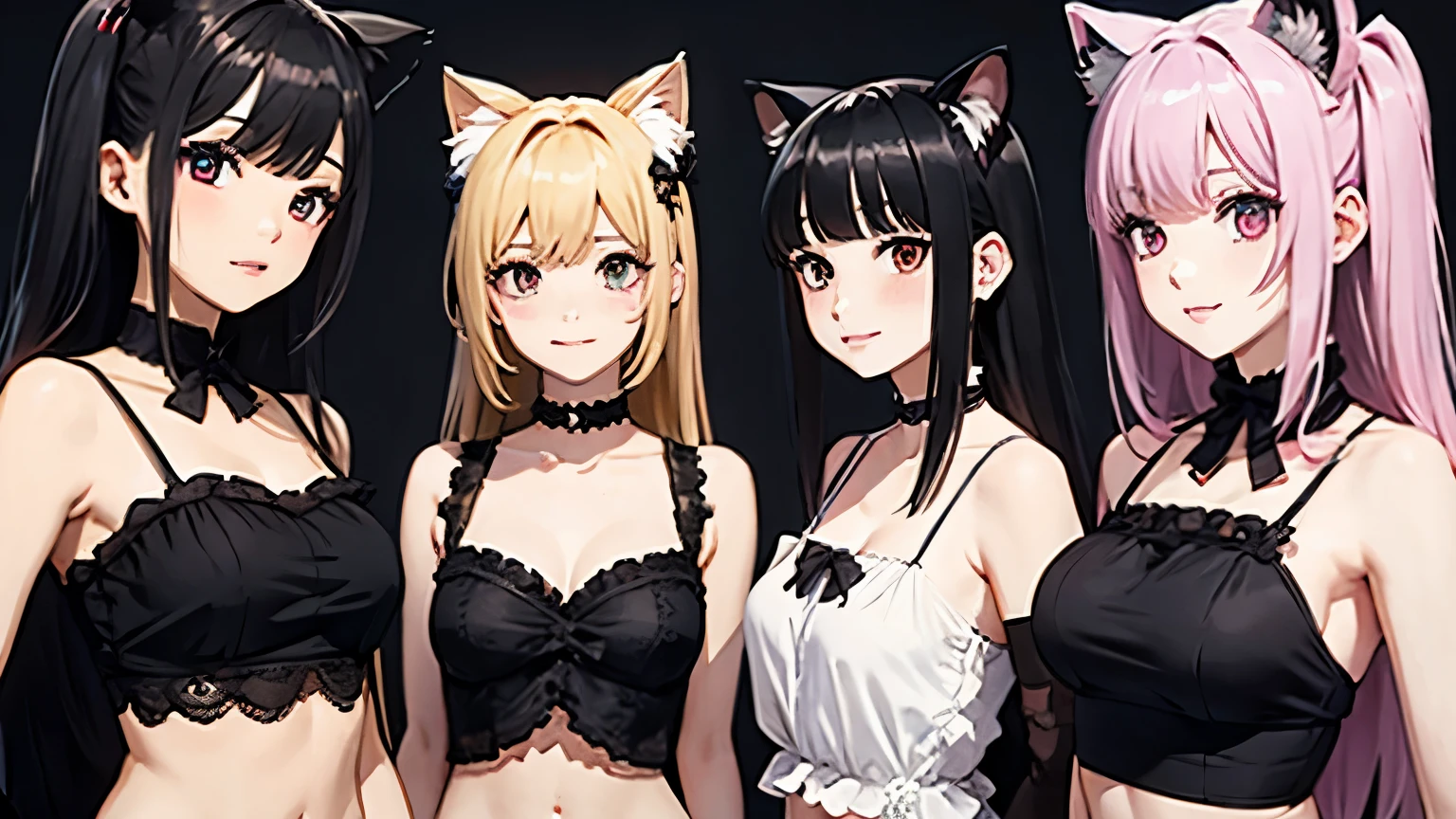 Bimbo Paradise、cinco chicas:1.8, debajo del pecho:1.8 ,(( 1 chica long hair slightly wavy slightly past the shoulders, black bangs, small black pigtails on the sides, cute cat ears, beautiful thin red eyes, surrounded by characters from classic 90&#39;s video games)),