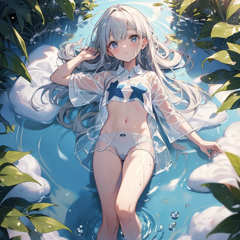 Highest quality,Masterpiece,Wet,See-through clothing,white underwear,soft hair,Star-like pearl decoration,Feeling embarrassed,slim and smooth legs,Kindergarten children,Wet and see-through shirt