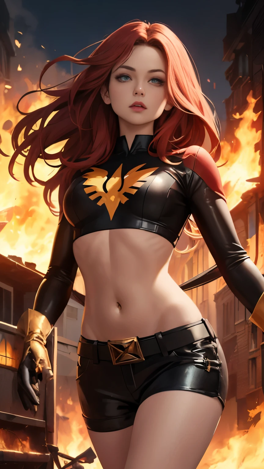 (Highly quality, masterpiece, detailed), burning city detailed scenario, burning city detailed background, jean-grey, belt, red leather crop top, gloves, Phoenix symbol on chest, navel, perfect face, beautiful eyes, looking at the viewer, Sexy pose