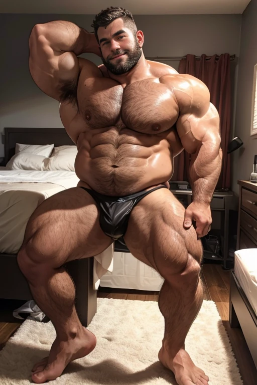 Black Male, hairy, muscular, beefy, bearded, full body, bedroom, sweaty, hairy chest, hairy arms, hairy belly, hairy legs, frontal view, detailed speedo