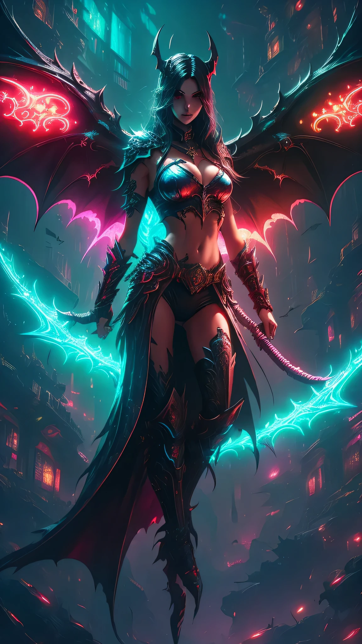 high high quality,Best quality at best,Realiy,Super realistic,super detailing,tmasterpiece,A high resolution,8K,Very realistic,Hellbringers,red - eyed,Meniscus,Close-up of a girl with a sword and a vampire, Dark black cloak,Bikini,glitchpunk girl,pale milky white porcelain skin, Vampires,Smooth translucent white skin, small thighs,Small waist,Small hips,cropped shoulders,Nice collarbone,ultra-realistic realism,big breasts exposed cleavage,The upper part of the body,,Wear a bikini,Tattooed with,red color eyes,gothic art style,((Bat wings)),Epic fantasy digital art style,A noble and elegant vampire girl, dan mumford tom bagshaw, dark fantasy style art, Epic fantasy art style, , dark fantasy art style, Epic fantasy art style HD, dark fantasy digital art,"Artistic image type: {Perched on the top of the cybernetic dragon, Vampire Maiden investigates the vast cyber metropolis below. Infused with neon lights, Contrast her technically enhanced body, Embedded LEDs and retractable technology weapons shine. In a striking pose, She seemed ready to act, A fusion of ancient legends and visions of the future}, Excellent location,with city view, (Vibrant neon lighting:1.5), (Digital painting:1.25), (4K:1.2). environment: panoramic view of a city,Bats fly across the skyline."