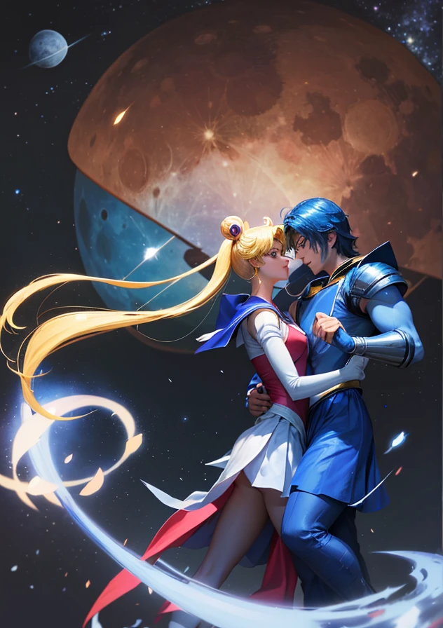 Sailor moon danced with a blue warrior man in space with a white moon.
