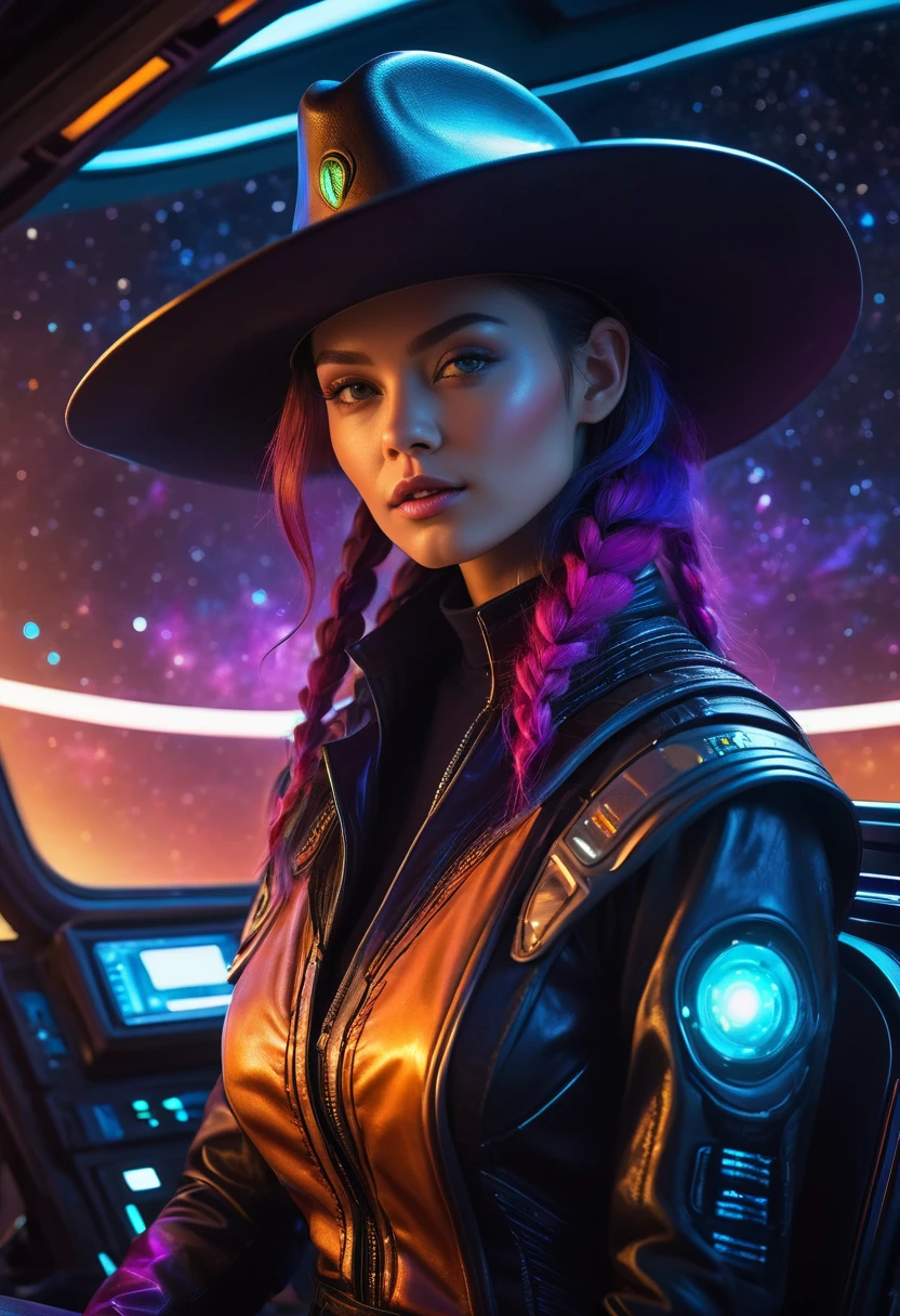 Alien cowboy on spaceship,Space Black,(Cowboy hat),Futuristic Western,Dynamic Lighting,Starry Sky,Inside the spaceship,cybernetic enhancement,cowboy clothes,broken landscape,Vibrant colors,High octane energy。(Best quality,4k,masterpiece:1.2),Ultra Detailed,lifelike:1.37,HDR,studio lighting,Clear focus,Vivid colors,Defocused,portrait,Science Fiction,cartoon,Jazz style palette,Ethereal lighting effects。
