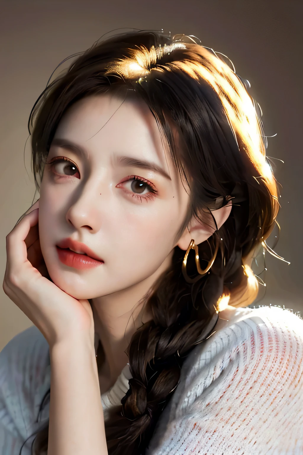 (representative work: 1.3), (8k, Practical, original photo, Best image quality: 1.4), (30 years old adult),Small face, Pretty Face, (Practical face),No makeup、natural makeup、Light makeup、 (dark brown), Beautiful hairstyle, Practical eyes, Detailed and beautiful eyes, (Practical Skin), beautiful skin, (sweater),、Bust A cups、 confuse, charm, 超high resolution, Super Practical, high resolution, Golden Ratio, FF Tifa