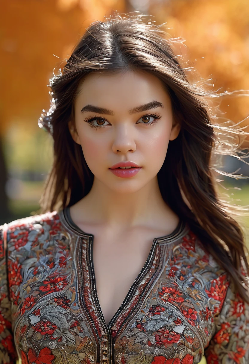 photo of beautiful Hailee Steinfeld, (((walking in a park in fall))), modelshoot style, (extremely detailed CG unity 8k wallpaper), photo of the most beautiful artwork in the world, professional majestic (photography by Steve McCurry), 8k uhd, dslr, soft lighting, high quality, (film_grain:1.2), (bokeh), Fujifilm XT3 sharp focus, f 5.6, High Detail, Sharp focus, dramatic, (((short skirt))), (((elegant blouse crop top))), (looking at viewer:1.2), (detailed pupils:1.3), (natural light), (((medium-long shot:1.3))), perfect body, beautiful face, long hair, very detailed eyes, intricate details in eyes, puckered lips, perfect fit body, wide hips, small waist, thick thighs, firm abs, beautiful body, extremely detailed, intricate details, highly detailed, detailed skin, realistic skin texture, texture, detailed eyes, maximum detail, roughness, real life, ultra realistic, photorealism, photography, absurdres, RAW photo, highest quality, high detail RAW color photo, professional photo, highres, super detailed